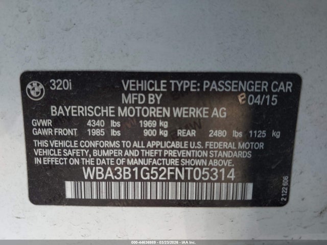 44636989 :رقم المزاد ، WBA3B1G52FNT05314 vin ، 2015 Bmw 320i مزاد بيع