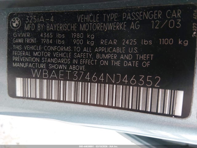 Продаж на аукціоні авто 2004 Bmw 325i, vin: WBAET37464NJ46352, номер лоту: 44636991