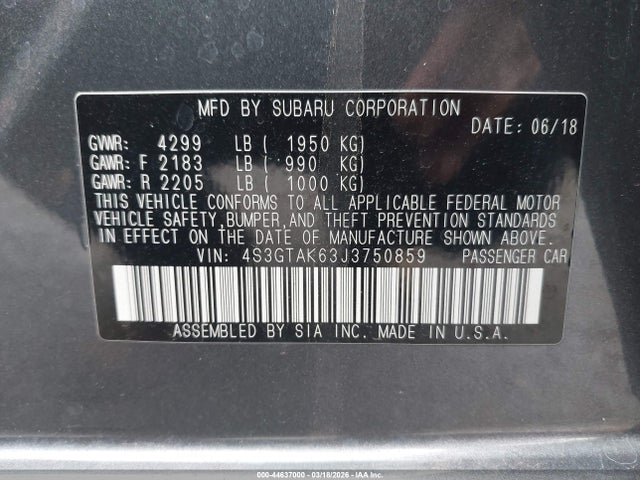 Aukcja sprzedaży 2018 Subaru Impreza 2.0i Sport, vin: 4S3GTAK63J3750859, numer aukcji: 44637000