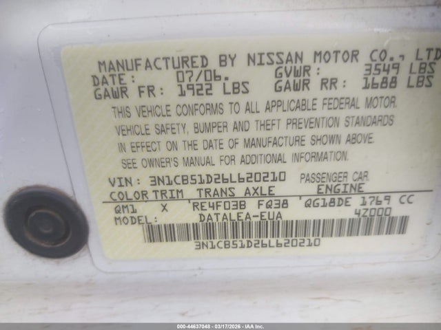 Продаж на аукціоні авто 2006 Nissan Sentra 1.8s, vin: 3N1CB51D26L620210, номер лоту: 44637048