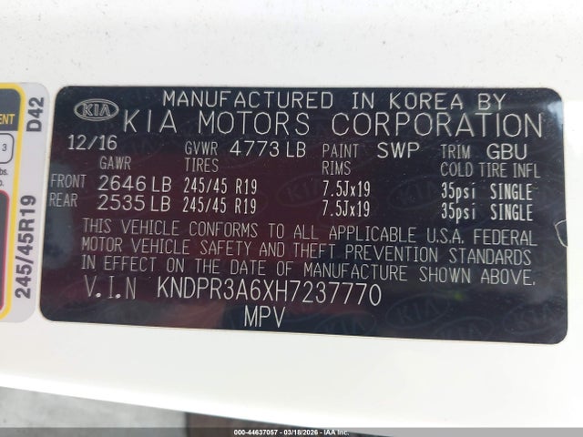 2017 Kia Sportage Sx Turbo მანქანა იყიდება აუქციონზე, vin: KNDPR3A6XH7237770, აუქციონის ნომერი: 44637057