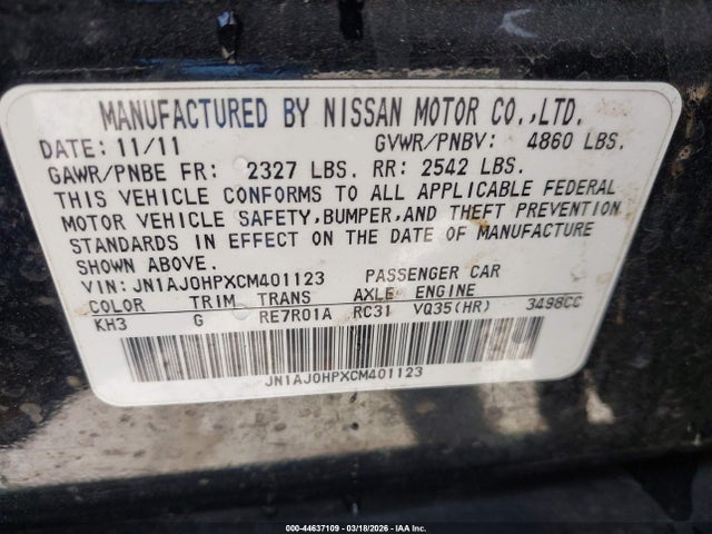 44637109 :رقم المزاد ، JN1AJ0HPXCM401123 vin ، 2012 Infiniti Ex35 Journey مزاد بيع