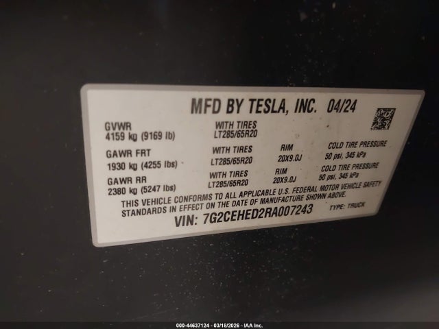 2024 Tesla Cybertruck მანქანა იყიდება აუქციონზე, vin: 7G2CEHED2RA007243, აუქციონის ნომერი: 44637124