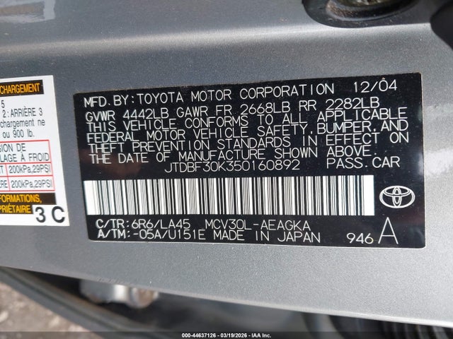 Aukcja sprzedaży 2005 Toyota Camry Le V6/xle V6, vin: JTDBF30K350160892, numer aukcji: 44637126