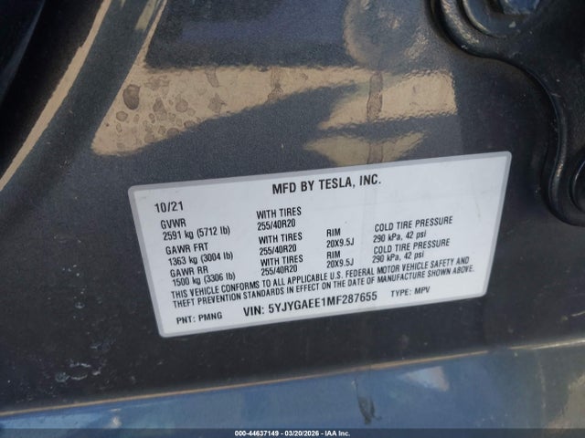 2021 TESLA MODEL Y 5YJYGAEE1MF287655 Photo 8