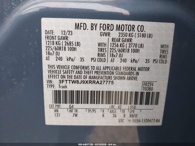 Продаж на аукціоні авто 2024 Ford Maverick Xlt, vin: 3FTTW8J9XRRA27775, номер лоту: 44637159