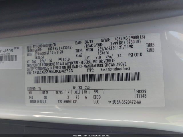 1FBZX2ZM4JKB42723 Ford Transit-350 Xl