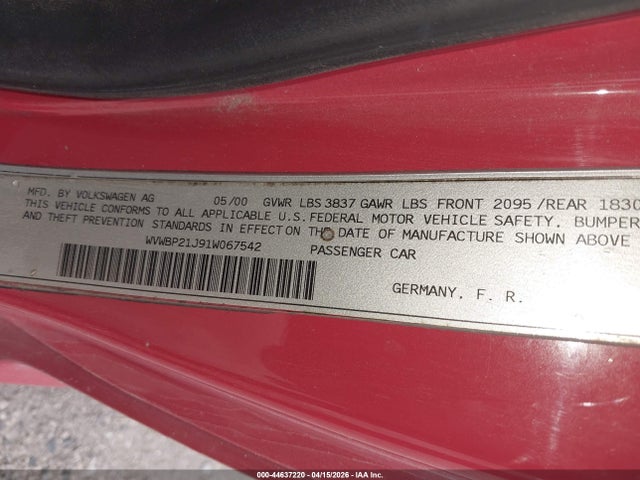 2001 Volkswagen Golf Gl Tdi მანქანა იყიდება აუქციონზე, vin: WVWBP21J91W067542, აუქციონის ნომერი: 44637220