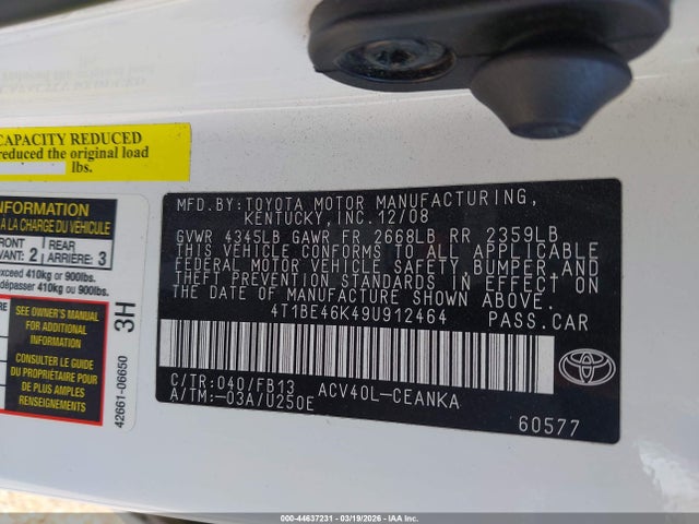 2009 Toyota Camry Le მანქანა იყიდება აუქციონზე, vin: 4T1BE46K49U912464, აუქციონის ნომერი: 44637231