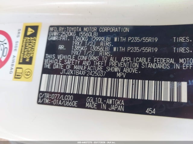 44637275 :رقم المزاد ، JTJZK1BAXF2425037 vin ، 2015 Lexus Rx 350 مزاد بيع