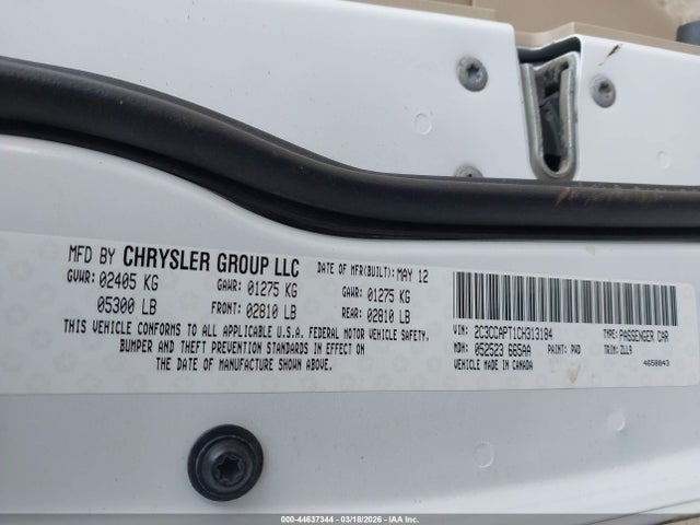 44637344 :رقم المزاد ، 2C3CCAPT1CH313184 vin ، 2012 Chrysler 300c Luxury Series مزاد بيع