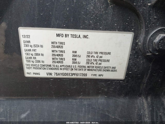 Aukcja sprzedaży 2023 Tesla Model Y Awd/long Range Dual Motor All-wheel Drive, vin: 7SAYGDEE3PF617269, numer aukcji: 44637352