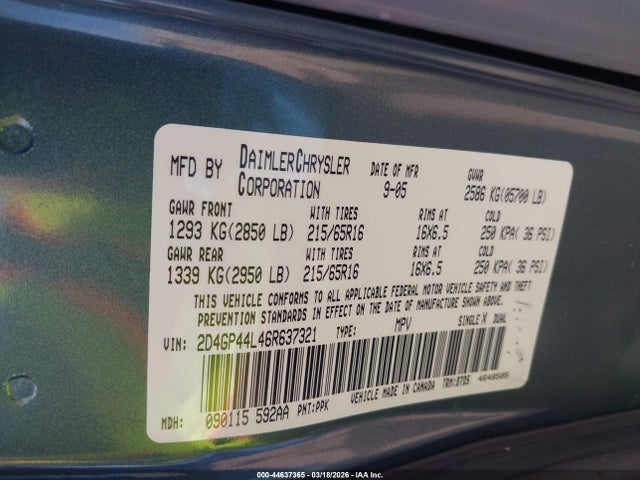Aukcja sprzedaży 2006 Dodge Grand Caravan Sxt, vin: 2D4GP44L46R637321, numer aukcji: 44637365