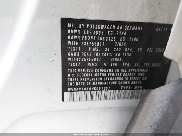 Aukcja sprzedaży 2017 Volkswagen Tiguan 2.0t/2.0t S, vin: WVGAV7AX0HK051097, numer aukcji: 44637389