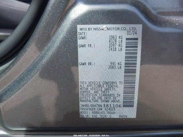 44637399 :رقم المزاد ، 1N4BL4DV7RN381106 vin ، 2024 Nissan Altima Sv Fwd مزاد بيع