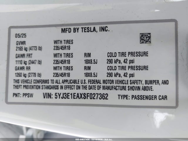 Продаж на аукціоні авто 2025 Tesla Model 3 Long Range Rear-wheel Drive/standard, vin: 5YJ3E1EAXSF027362, номер лоту: 44637406