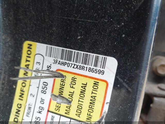 44637411 :رقم المزاد ، 3FAHP07ZX8R186599 vin ، 2008 Ford Fusion Se مزاد بيع