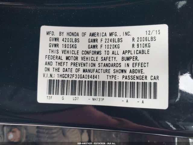 Aukcja sprzedaży 2016 Honda Accord Lx, vin: 1HGCR2F30GA094841, numer aukcji: 44637425