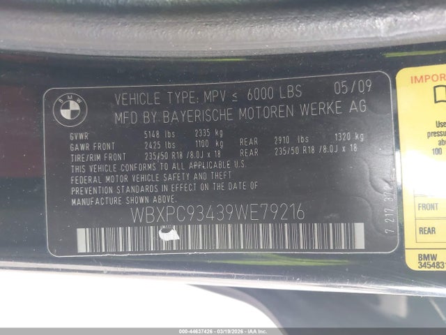 Продажа на аукционе авто 2009 Bmw X3 Xdrive30i, vin: WBXPC93439WE79216, номер лота: 44637426