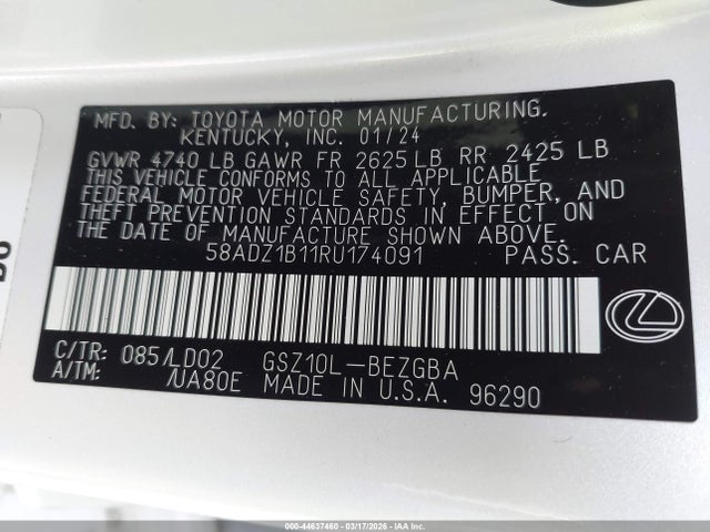 44637460 :رقم المزاد ، 58ADZ1B11RU174091 vin ، 2024 Lexus Es 350 مزاد بيع