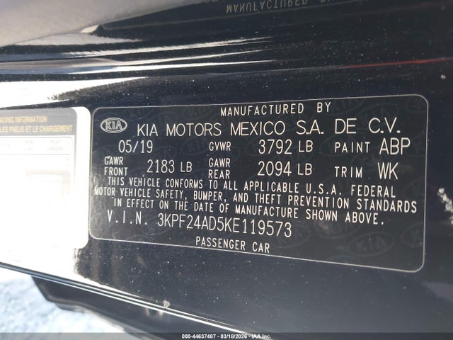 Продажа на аукционе авто 2019 Kia Forte Lxs, vin: 3KPF24AD5KE119573, номер лота: 44637487