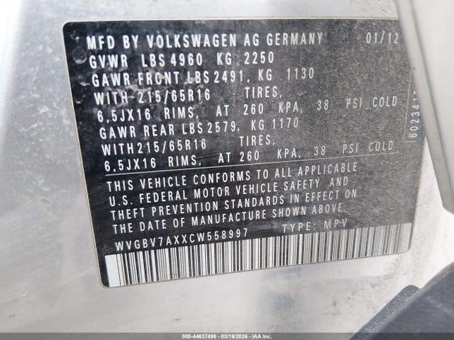 44637498 :رقم المزاد ، WVGBV7AXXCW558997 vin ، 2012 Volkswagen Tiguan S مزاد بيع