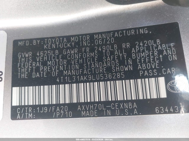 Aukcja sprzedaży 2020 Toyota Camry Le Hybrid, vin: 4T1L31AK9LU536285, numer aukcji: 44637518