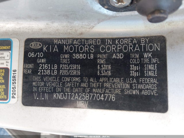 44637521 :رقم المزاد ، KNDJT2A25B7704776 vin ، 2011 Kia Soul + مزاد بيع