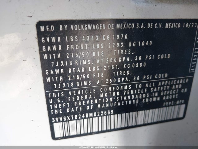 44637541 :رقم المزاد ، 3VVSX7B24RM022669 vin ، 2024 Volkswagen Taos 1.5t Se مزاد بيع