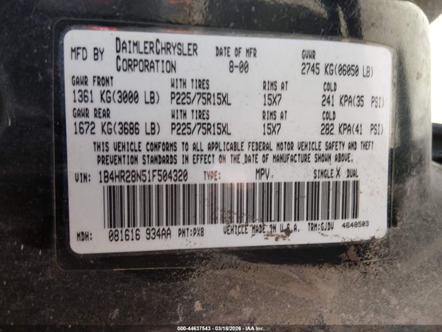 44637543 :رقم المزاد ، 1B4HR28N51F504320 vin ، 2001 Dodge Durango مزاد بيع