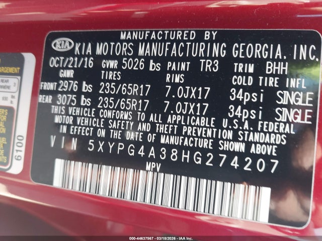 Продажа на аукционе авто 2017 Kia Sorento 2.4l Lx, vin: 5XYPG4A38HG274207, номер лота: 44637567