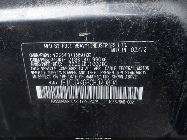 Продаж на аукціоні авто 2012 Subaru Impreza 2.0i Limited, vin: JF1GJAK68CH020804, номер лоту: 44637575