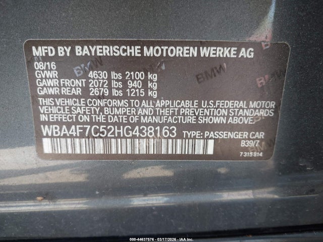 44637576 :رقم المزاد ، WBA4F7C52HG438163 vin ، 2017 Bmw 430i Gran Coupe مزاد بيع