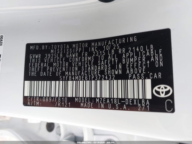 Aukcja sprzedaży 2026 Toyota Corolla Le, vin: 5YFB4MDE6TP372432, numer aukcji: 44637582
