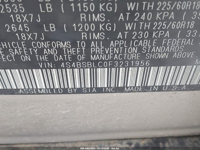 Продаж на аукціоні авто 2015 Subaru Outback 2.5i Limited, vin: 4S4BSBLC0F3231956, номер лоту: 44637603