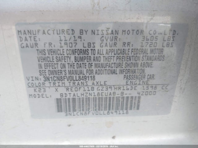 44637609 :رقم المزاد ، 3N1CN8FV0LL849118 vin ، 2020 Nissan Versa Sr Xtronic Cvt مزاد بيع