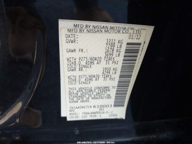 Aukcja sprzedaży 2012 Nissan Armada Platinum, vin: 5N1AA0NE7CN610003, numer aukcji: 44637610
