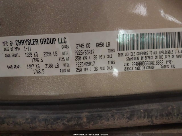 Продажа на аукционе авто 2011 Chrysler Town & Country Touring-l, vin: 2A4RR8DG6BR616663, номер лота: 44637625