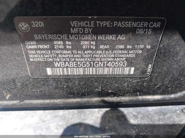 Aukcja sprzedaży 2016 Bmw 320i Xdrive, vin: WBA8E5G51GNT40593, numer aukcji: 44637636
