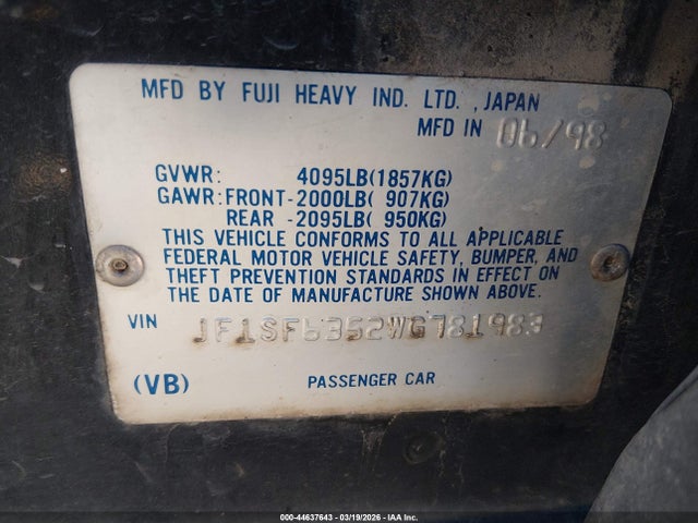 Продаж на аукціоні авто 1998 Subaru Forester L, vin: JF1SF6352WG781983, номер лоту: 44637643