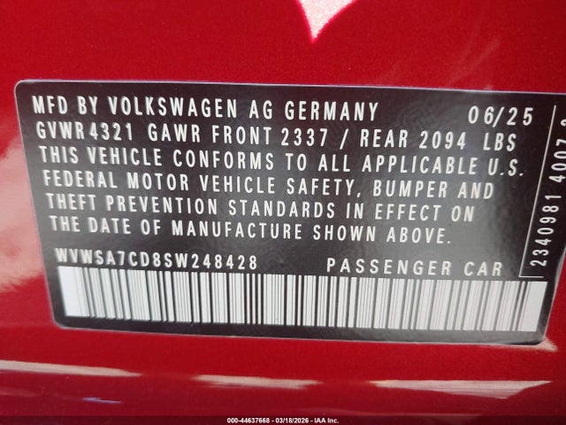 2025 Volkswagen Golf Gti 2.0t Se მანქანა იყიდება აუქციონზე, vin: WVWSA7CD8SW248428, აუქციონის ნომერი: 44637668