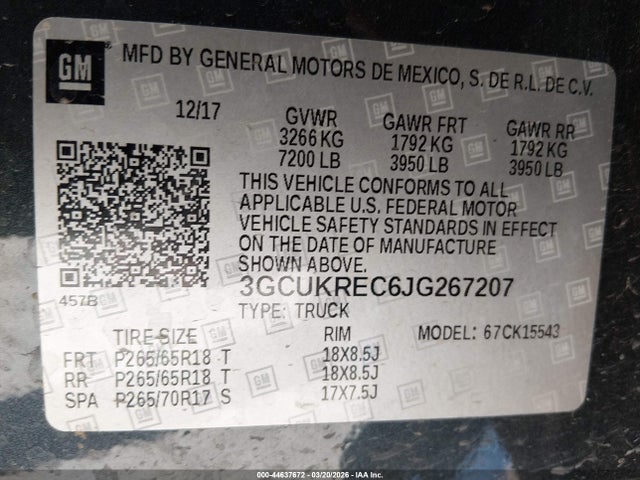 44637672 :رقم المزاد ، 3GCUKREC6JG267207 vin ، 2018 Chevrolet Silverado 1500 2lt مزاد بيع