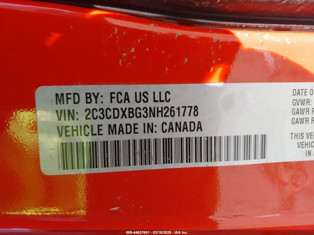 Aukcja sprzedaży 2022 Dodge Charger Sxt Rwd, vin: 2C3CDXBG3NH261778, numer aukcji: 44637681