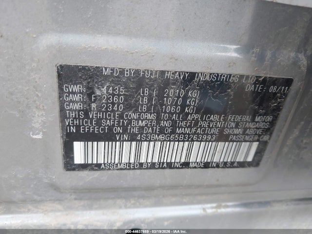 44637689 :رقم المزاد ، 4S3BMBG65B3263993 vin ، 2011 Subaru Legacy 2.5i Premium مزاد بيع
