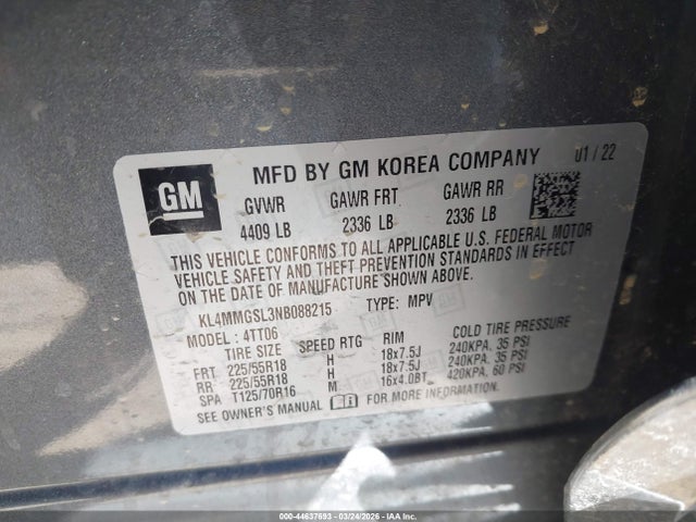 44637693 :رقم المزاد ، KL4MMGSL3NB088215 vin ، 2022 Buick Encore Gx Awd Essence مزاد بيع