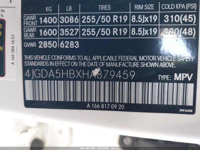 44637696 :رقم المزاد ، 4JGDA5HBXHA879459 vin ، 2017 Mercedes-benz Gle 350 4matic مزاد بيع
