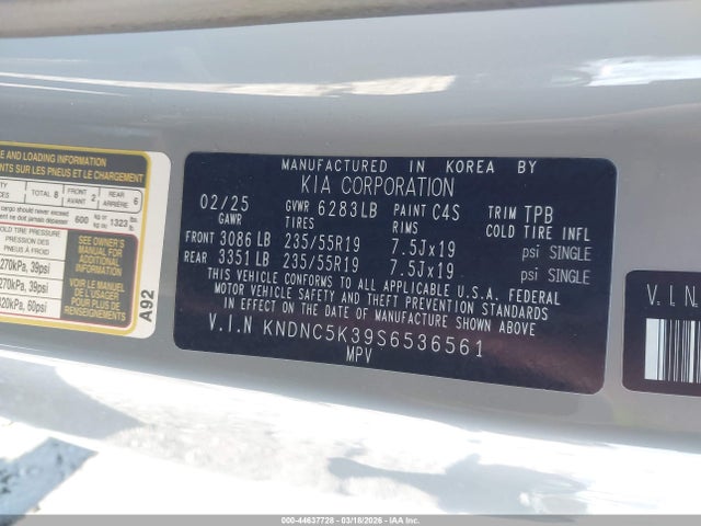 Продажа на аукционе авто 2025 Kia Carnival Mpv Ex, vin: KNDNC5K39S6536561, номер лота: 44637728
