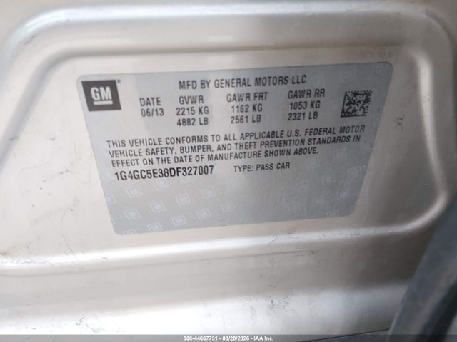 44637731 :رقم المزاد ، 1G4GC5E38DF327007 vin ، 2013 Buick Lacrosse Leather Group مزاد بيع