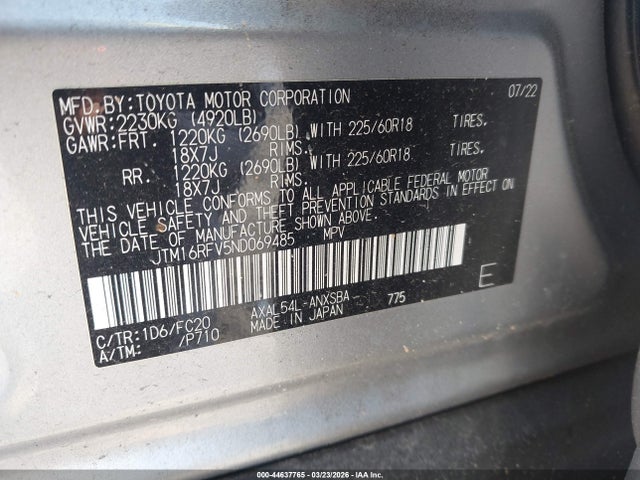 2022 Toyota Rav4 Hybrid Se მანქანა იყიდება აუქციონზე, vin: JTM16RFV5ND069485, აუქციონის ნომერი: 44637765