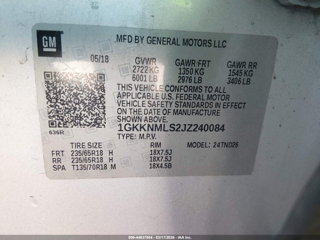 2018 Gmc Acadia Slt-1 მანქანა იყიდება აუქციონზე, vin: 1GKKNMLS2JZ240084, აუქციონის ნომერი: 44637804